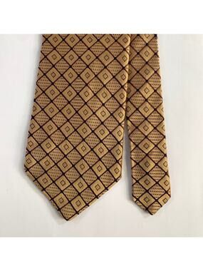 GUGLIELMO CONTE Gold Brown Navy Diamond Grid Check Silk Tie